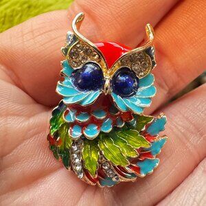 Owl Brooch Colorful Enamel Rhinestone Eyes Vintage Style Bird Pin Statement